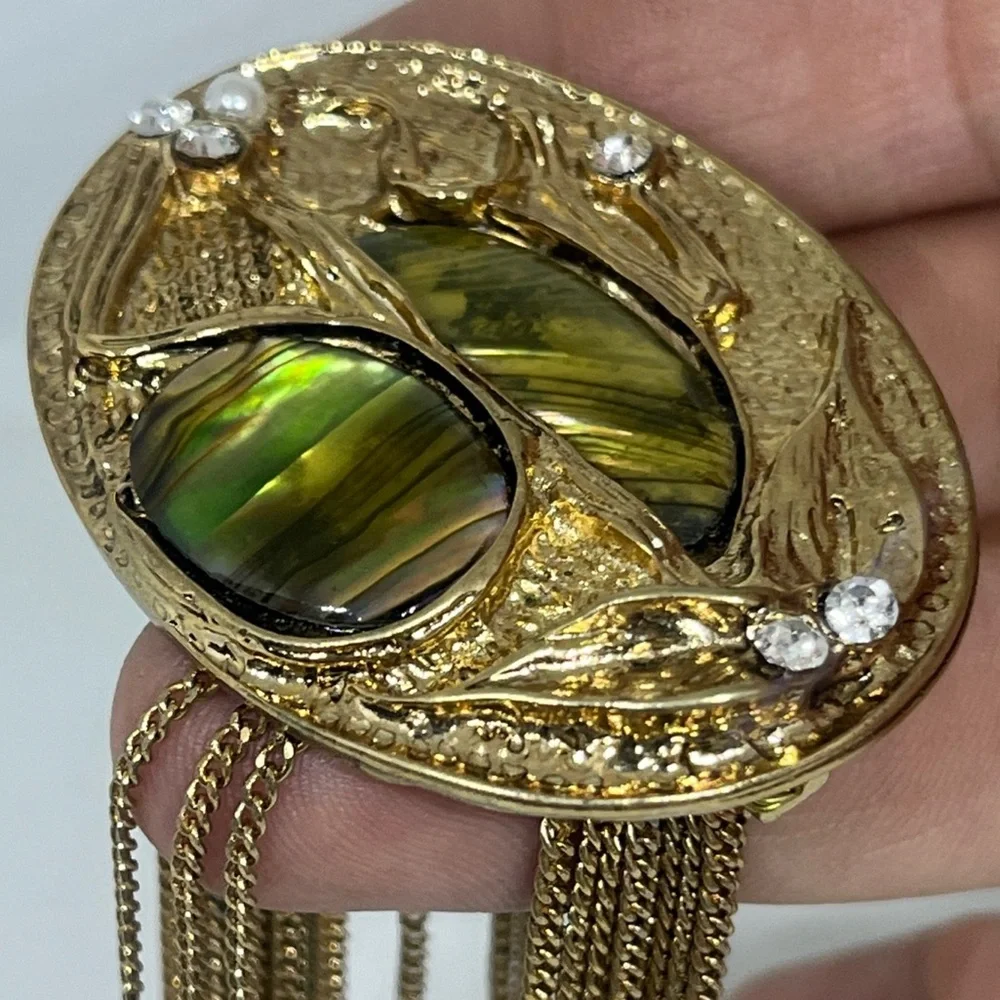 Art Deco Vintage Abalone and Brass Waterfall Jewelry Brooch w/ Gold Chain Fringe